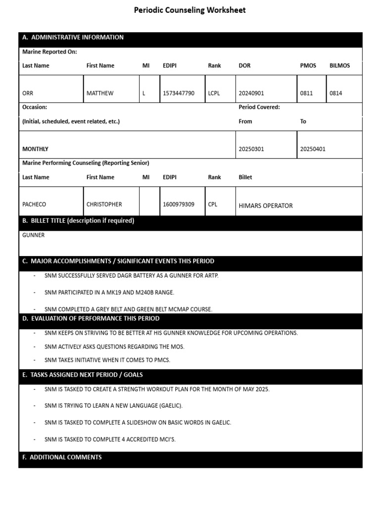 Marine Periodic Counseling Worksheet | PDF