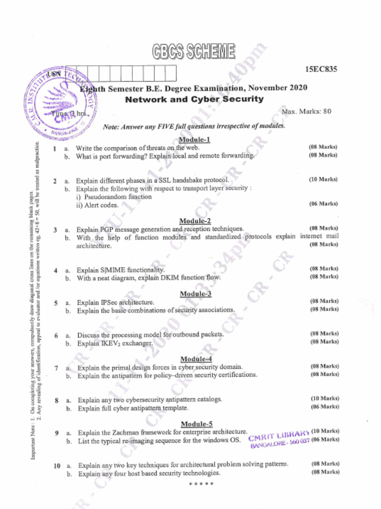 VTU Question Paper of 15EC835 Network and Cyber Security Nov-2020 | PDF