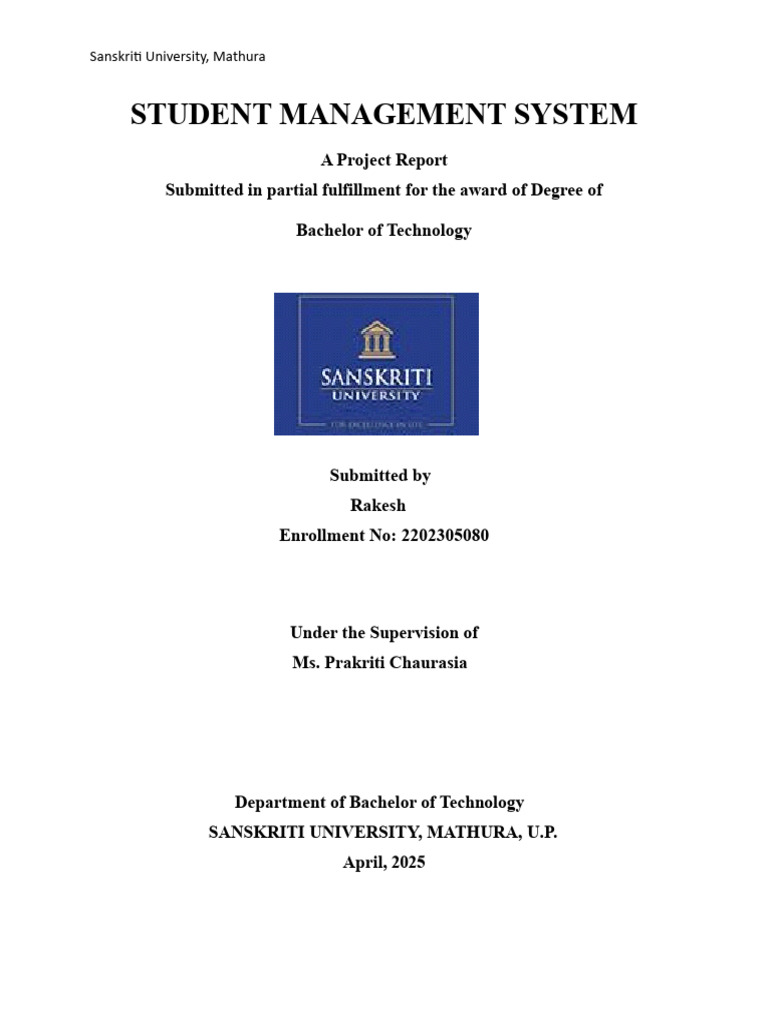 Student Management System Project Report | PDF | Databases | Computing