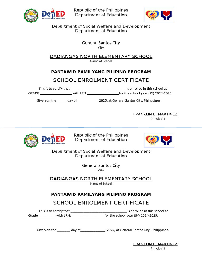 4Ps School Enrollment Certificate 2024-2025 | PDF