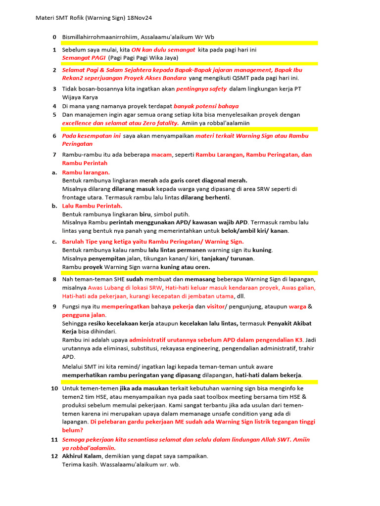 Materi SMT Rofik Warning Sign 18 Nov 24 | PDF