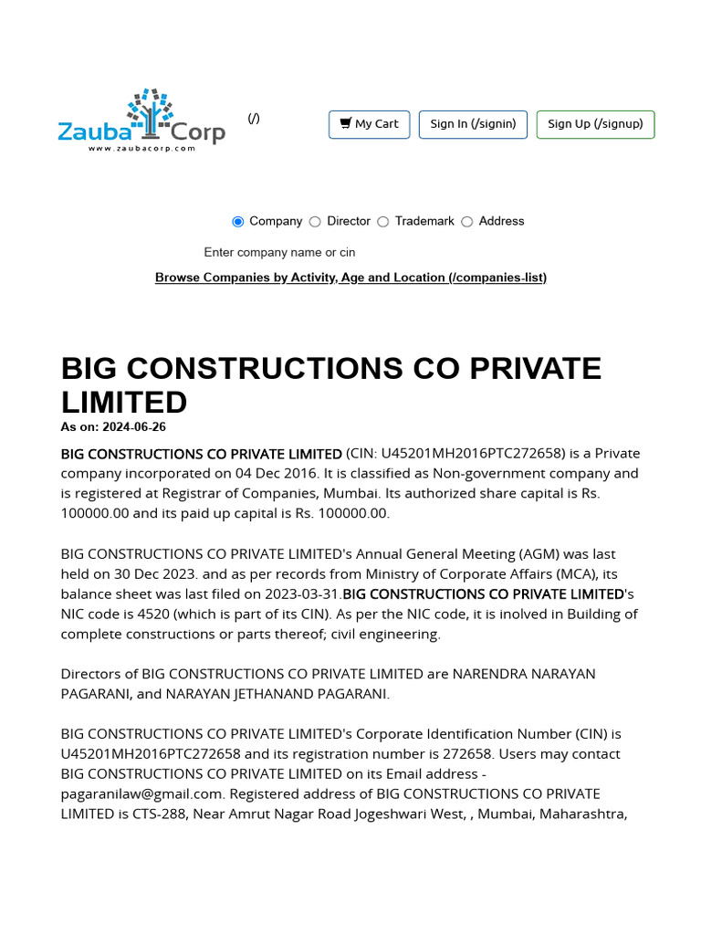 BIG CONSTRUCTIONS CO PRIVATE LIMITED - ZaubaCorp | PDF | Equity ...