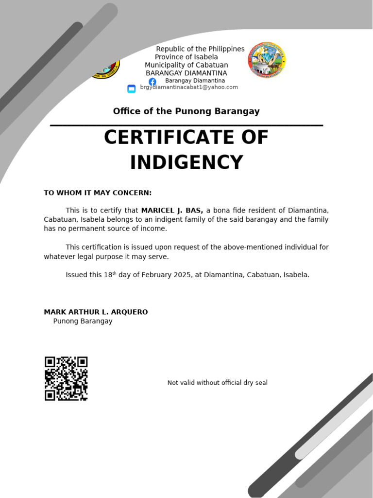 Certificate of Indigency for Maricel J. Bas | PDF