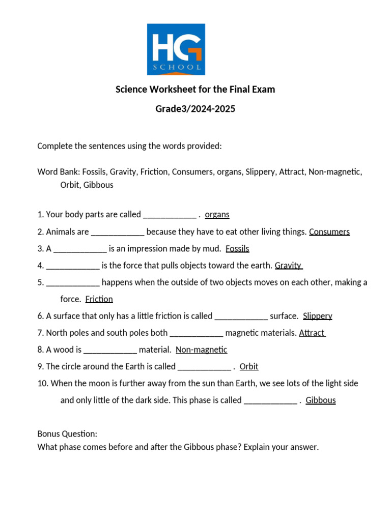 Grade 3 Science Exam Worksheet | PDF | Moon | Force