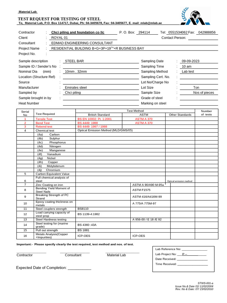 STWS-001-a Steel. Test Request | PDF | Steel | Materials Science