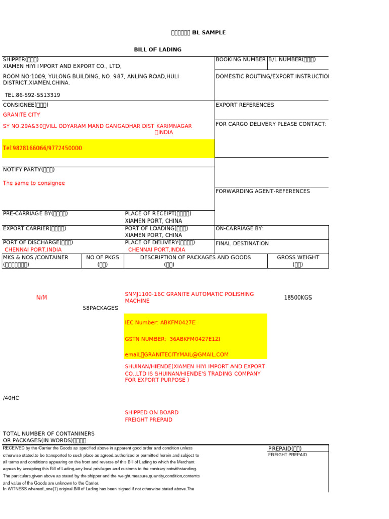 Bill of Lading for Granite Shipment | PDF | Bill Of Lading | Cargo