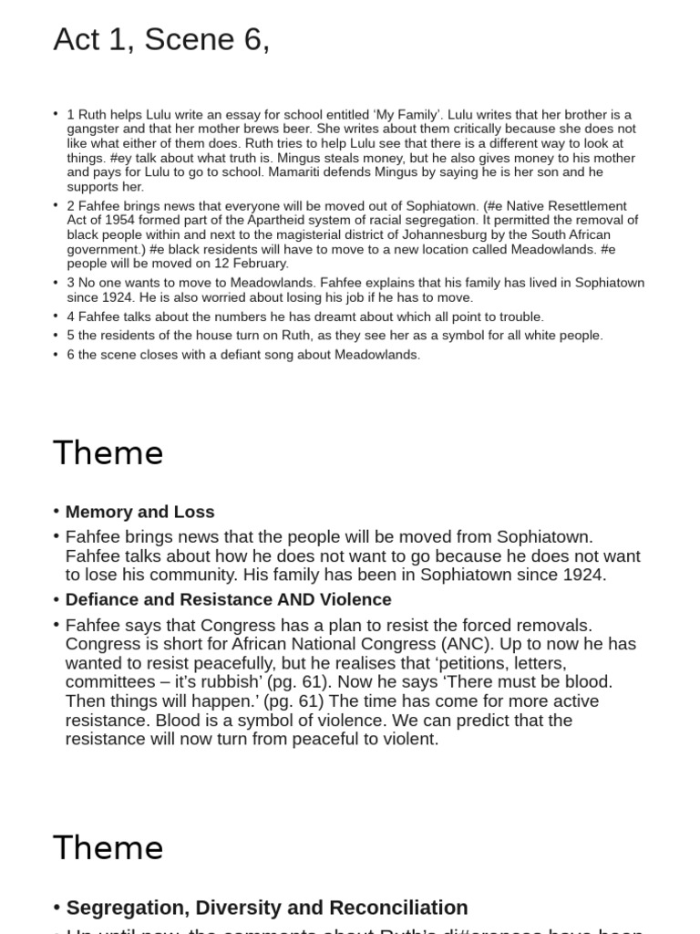 Sophiatown Act 1, Scene 6 Summary | PDF