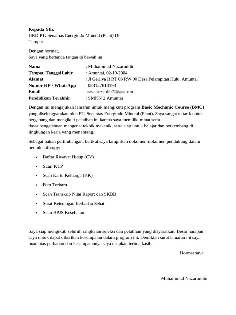 Lamaran Program Basic Mechanic Course | PDF