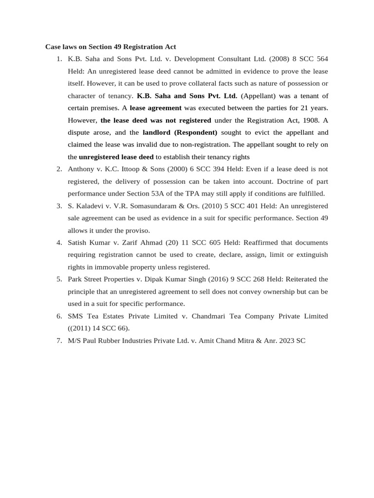 Case Laws on Section 49 Registration Act | PDF