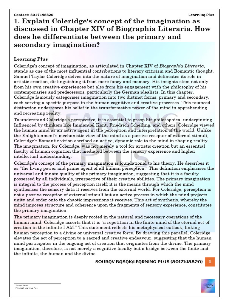 Coleridge on Primary and Secondary Imagination | PDF | Imagination ...