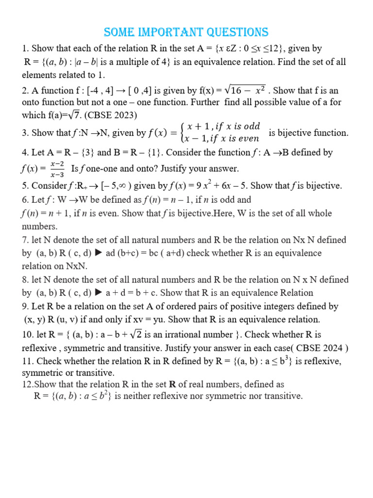 Important Questions of Relation and Function | PDF