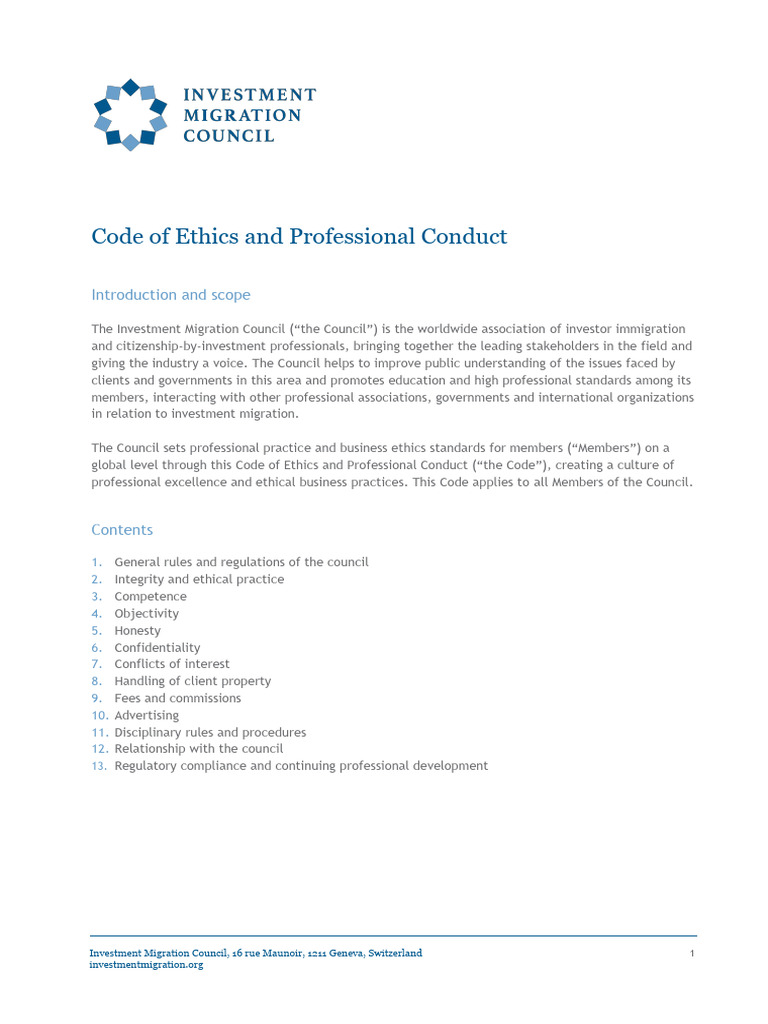 Investment Migration Council Ethics Code | PDF | Conflict Of Interest ...
