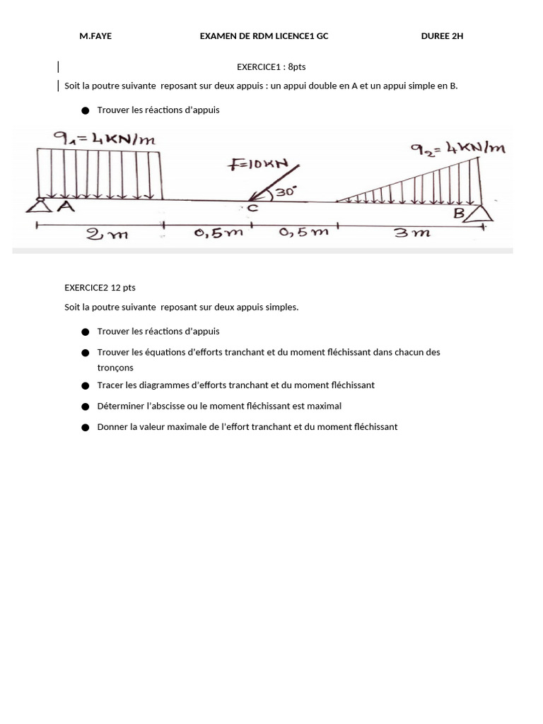 Examen RDM Licence 1 GC : Poutres et Efforts | PDF