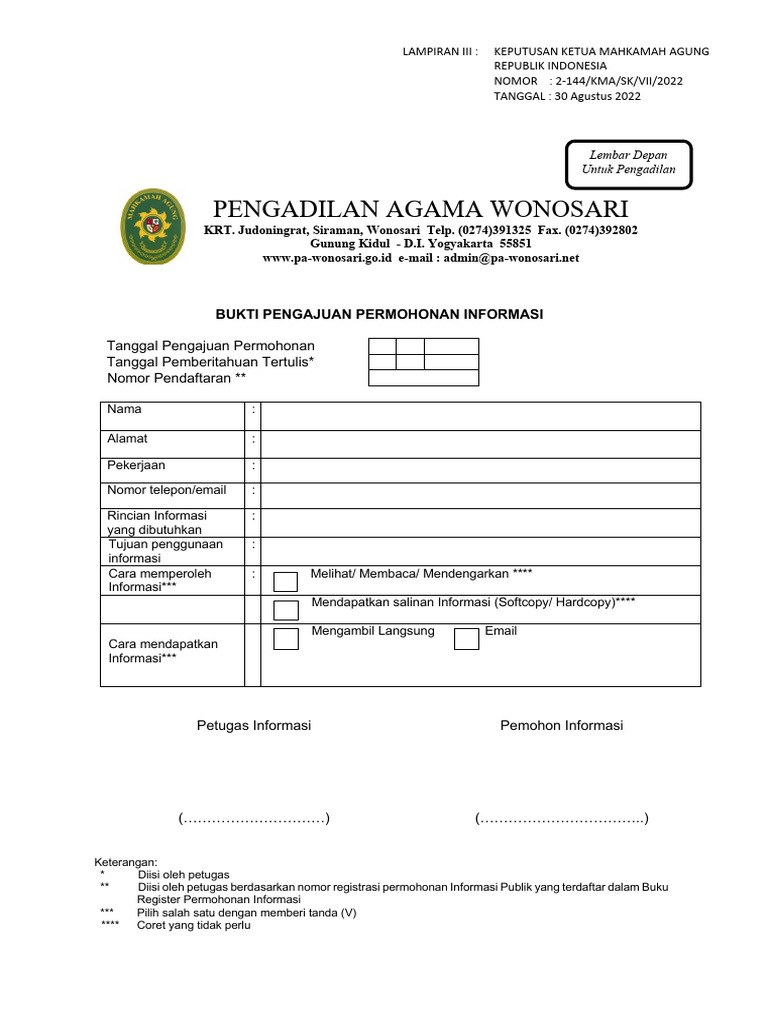 LAMP III Form Permohonan Informasi PA Wonosari 2023 | PDF