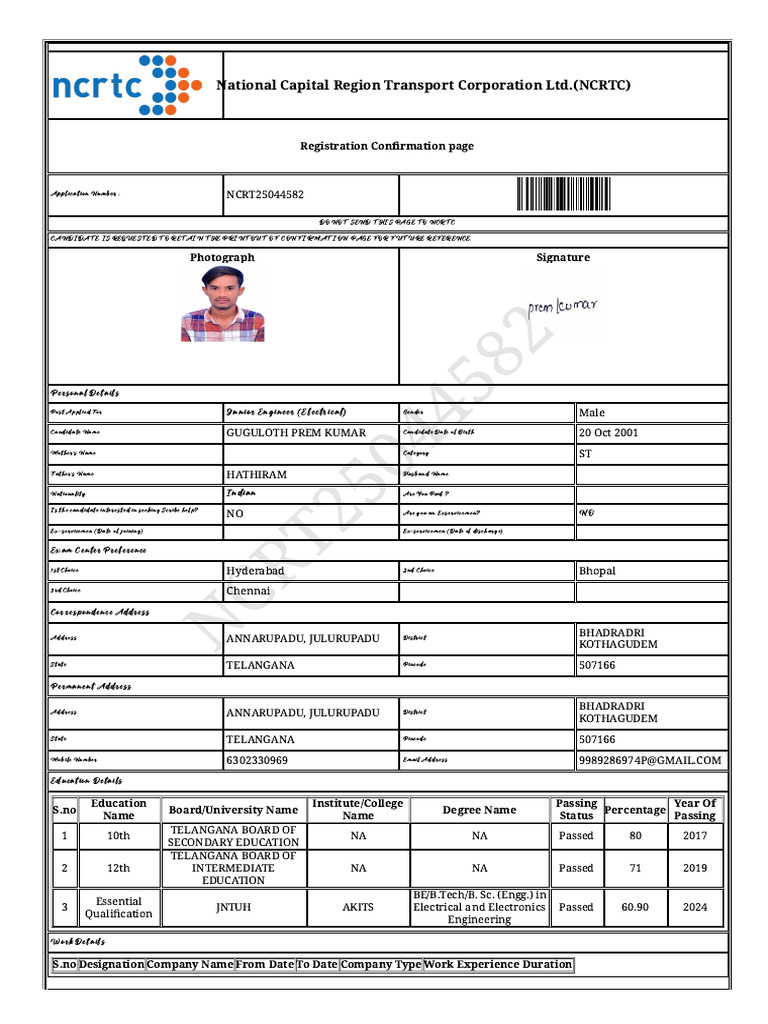 NCRTC Junior Engineer Application Confirmation | PDF