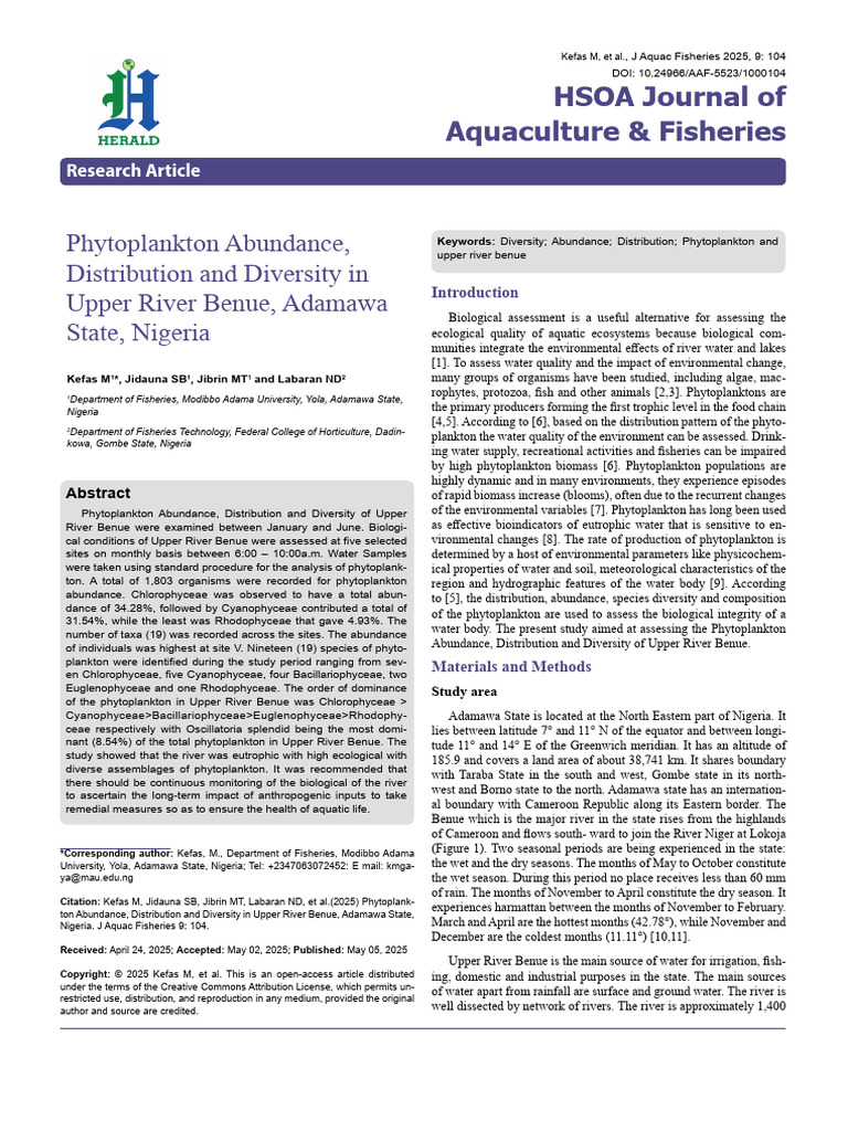 Phytoplankton Abundance Distribution and Diversity in Upper River Benue ...