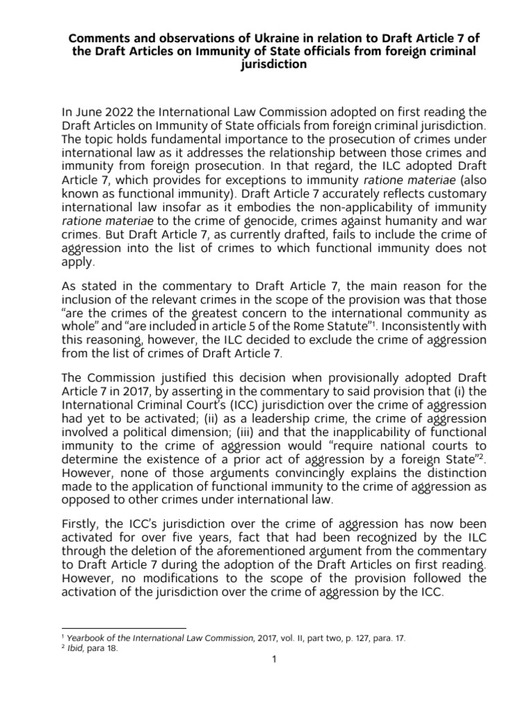Ukraine's Stance on State Immunity Draft | PDF | International Law | Crimes
