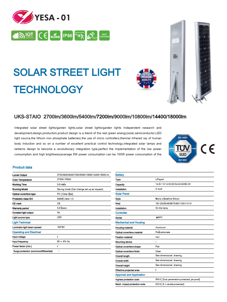UKS-STAIO Solar Street Light Specs | PDF | Light Emitting Diode ...