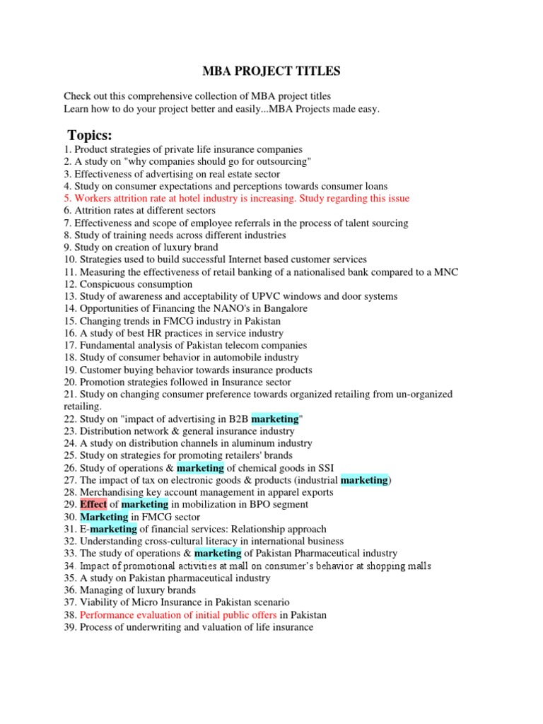 MBA Topics Related To MBA HR, Marketing, Finance Projects | PDF ...