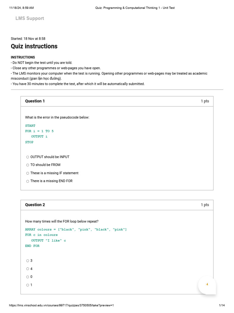 Grade 8 Programming & Computational Thinking 1 - Unit Test | PDF ...
