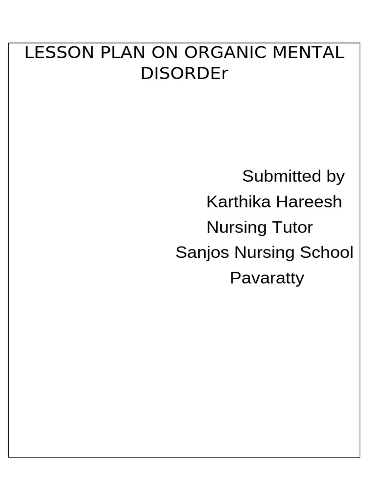 Lesson Plan On Organic Mental Disorder | PDF