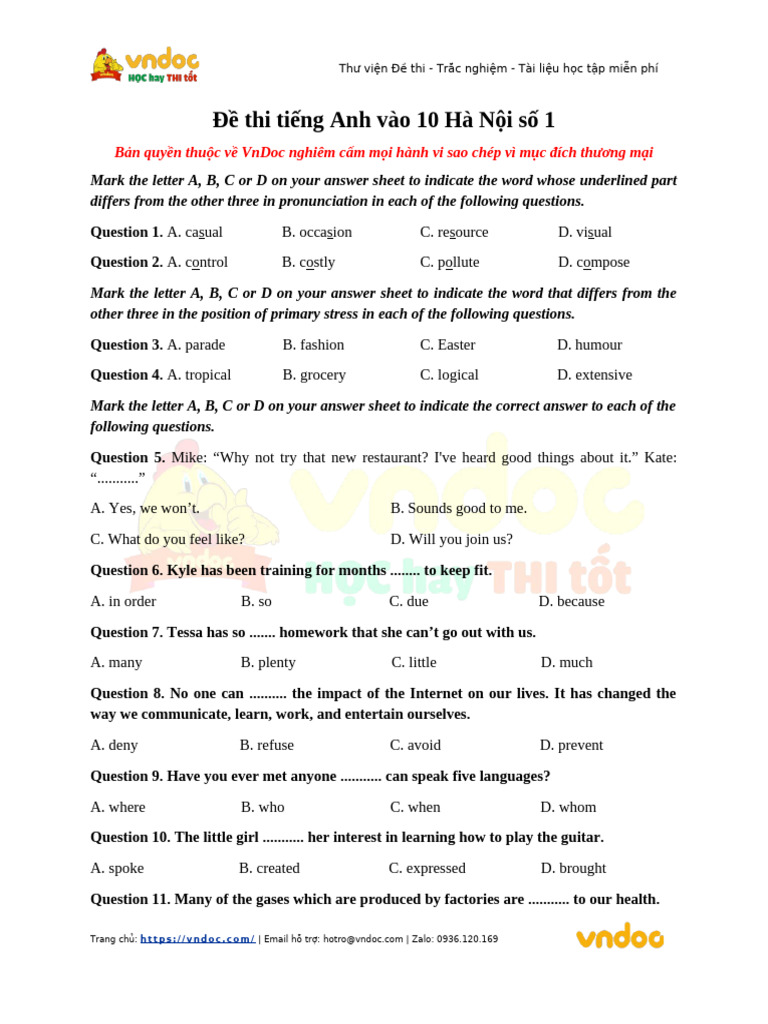 de-thi-tieng-anh-vao-10-ha-noi-so-1 | PDF