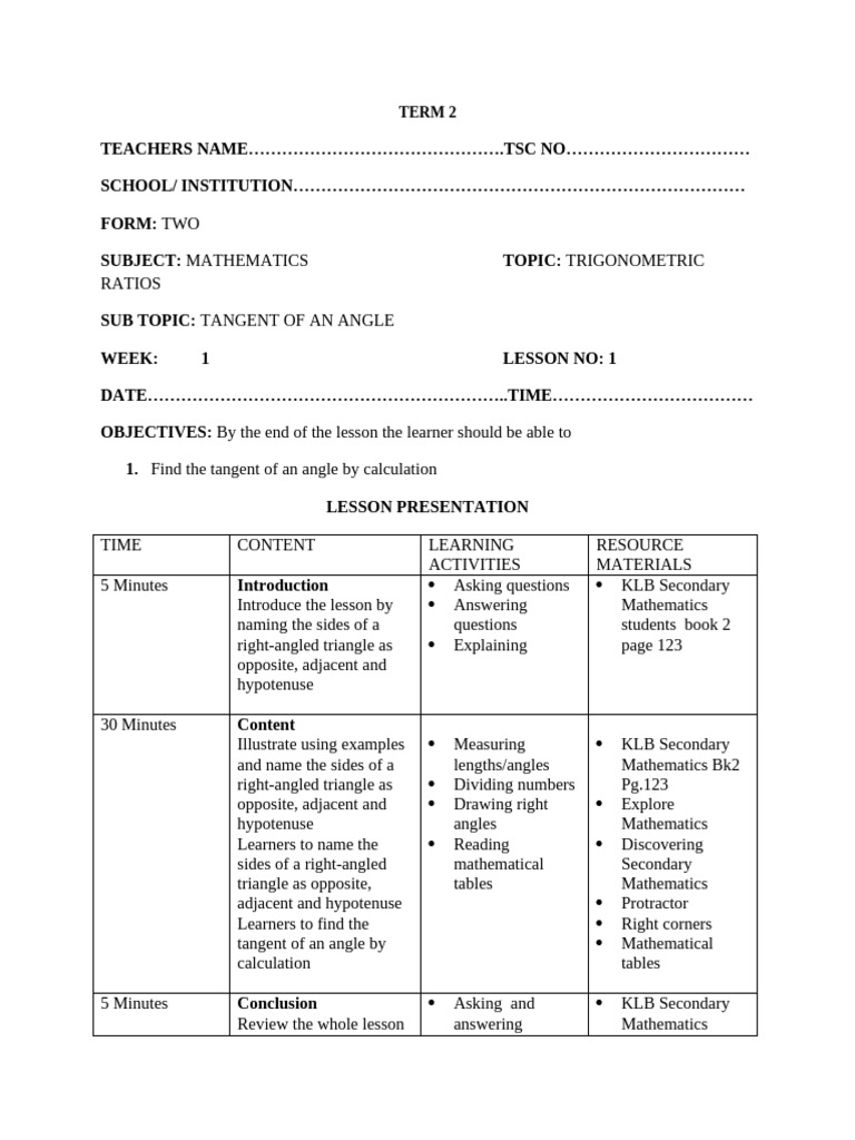Form 2 KLB Mathematics Lesson Plans Term 2 | PDF | Trigonometric ...
