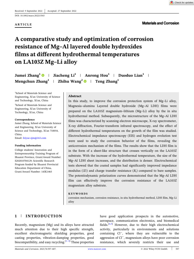 Materials Corrosion - 2022 - Zhang - A Comparative Study and ...