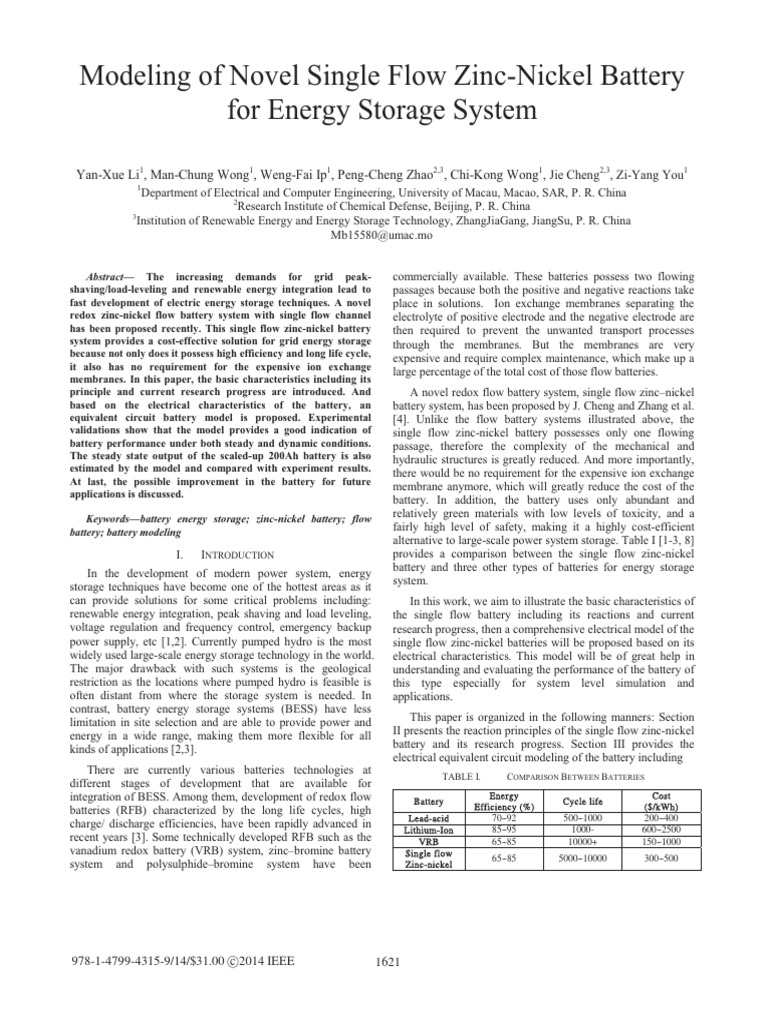 Modeling of Novel Single Flow Zinc-Nickel Battery For Energy Storage ...