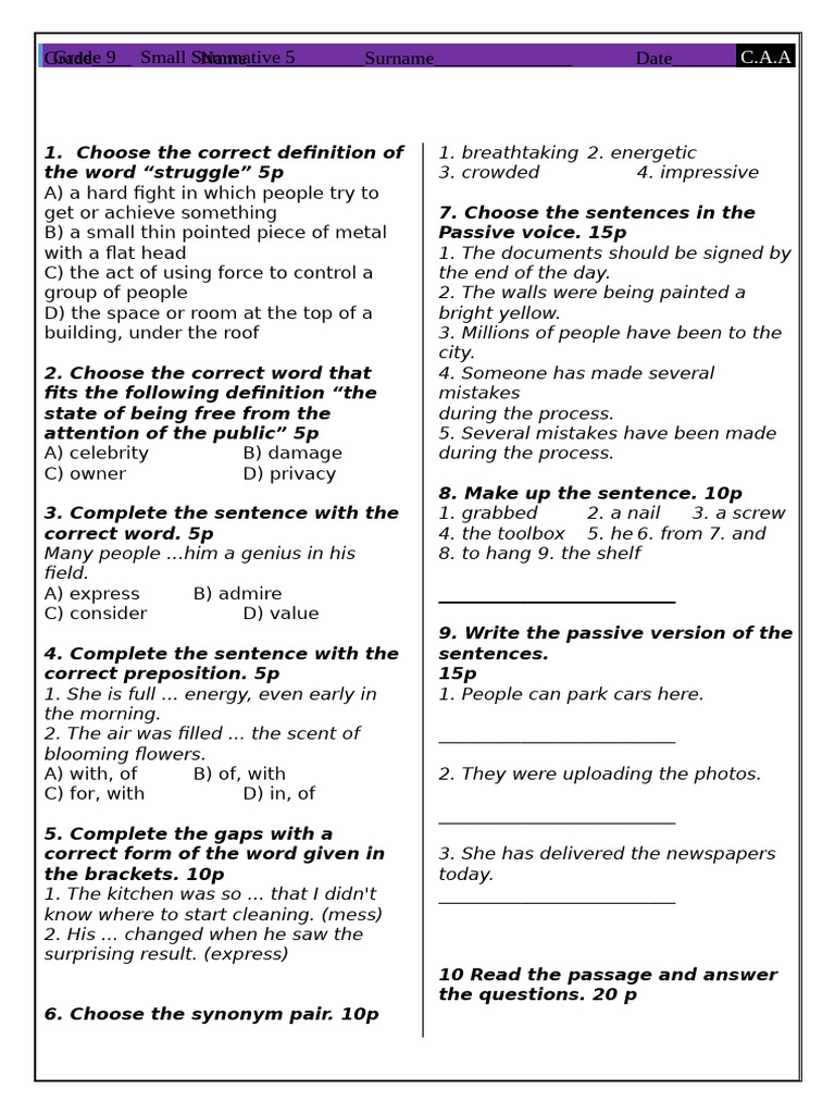 Grade 9 English Language Assessment | PDF