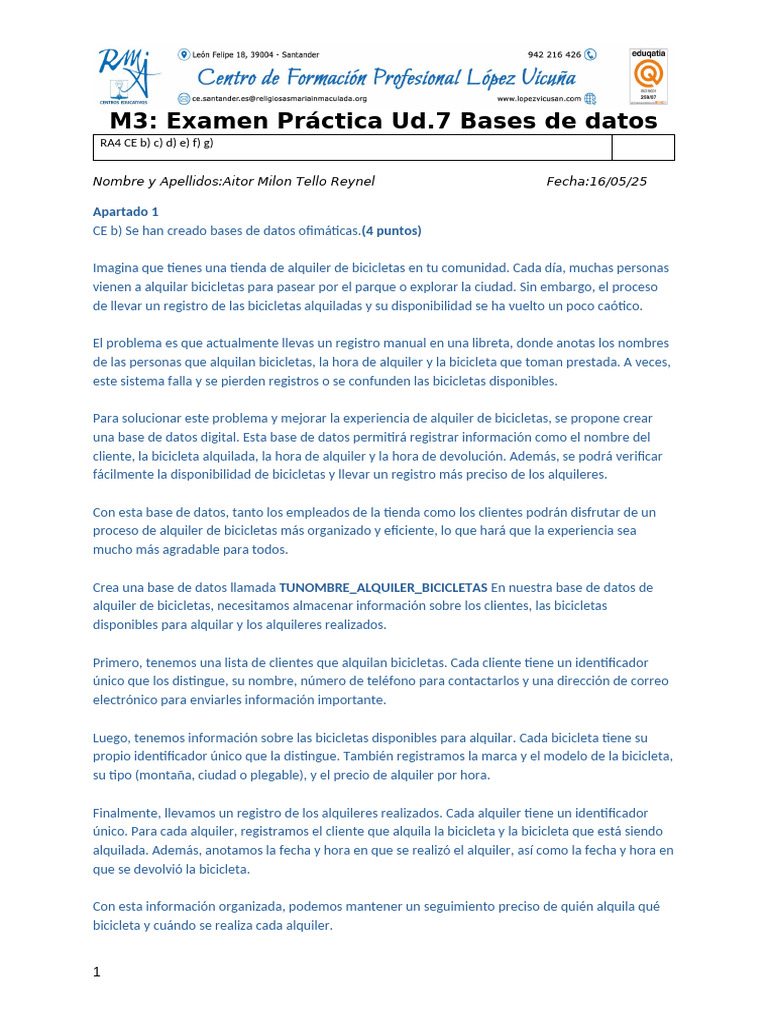 2504 - Examen Practico UD7 Bases de Datos | PDF | Bases de datos ...