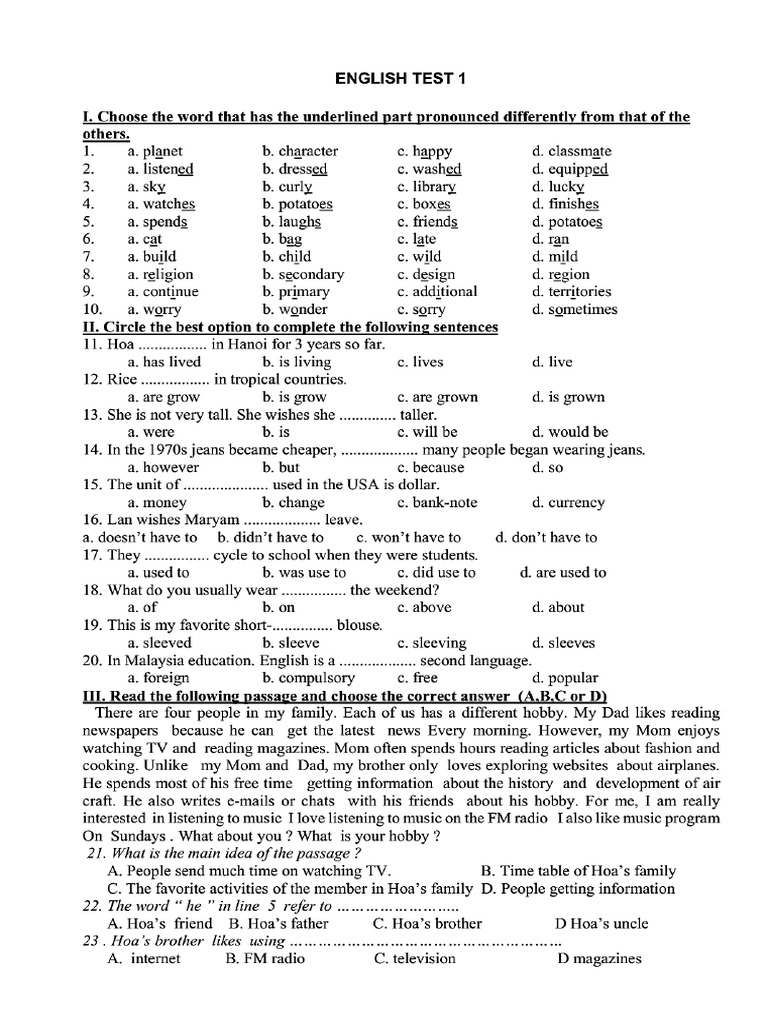 English Test 1- 2 | PDF