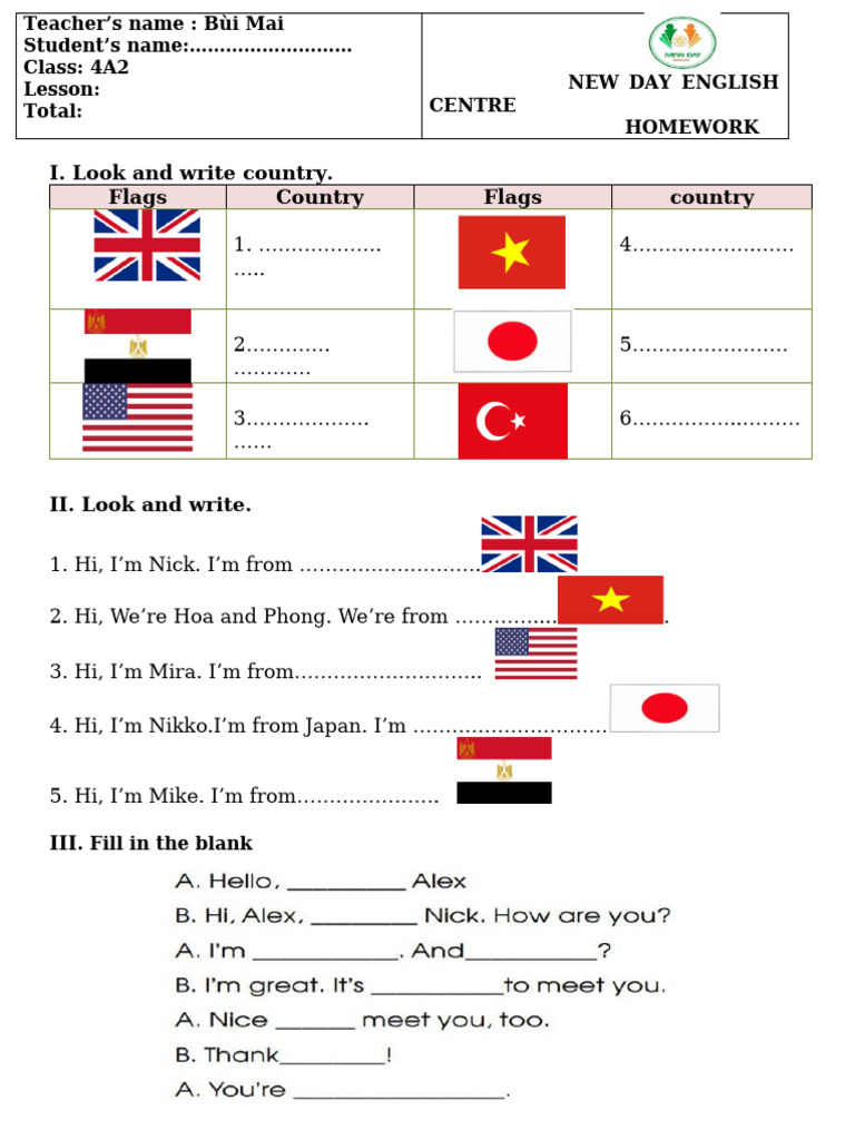 I. Look and Write Country. Flags Country Flags Country | PDF