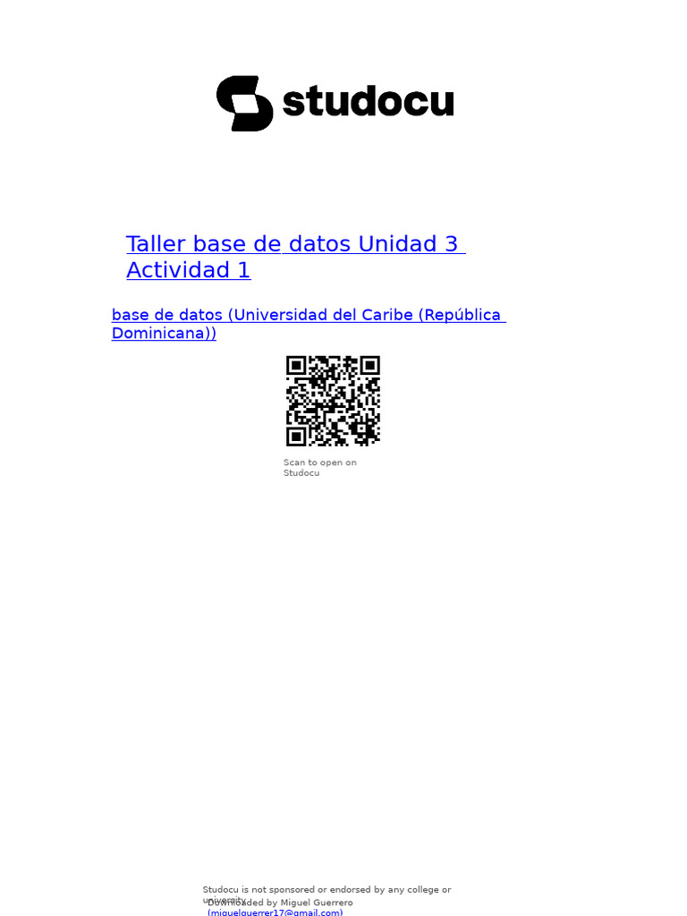 Taller Base de Datos Unidad 3 Actividad 1 | PDF