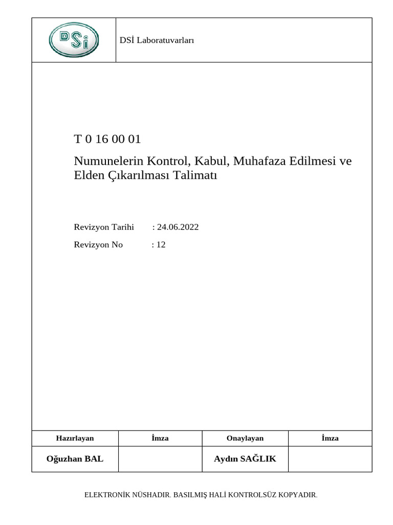 T 0 16 00 01 12 Numunelerin Kontrolkabul Muhafaza Edilmesi Ve Elden ...