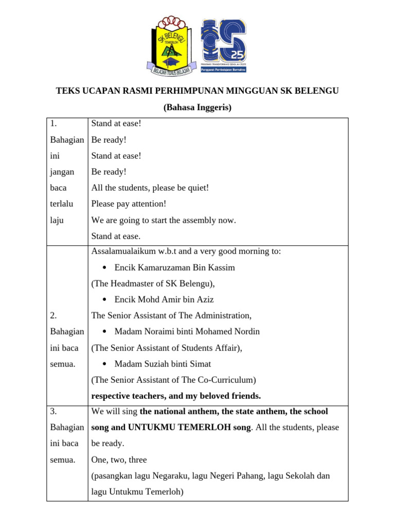 English Assembly Script for SK Belengu | PDF