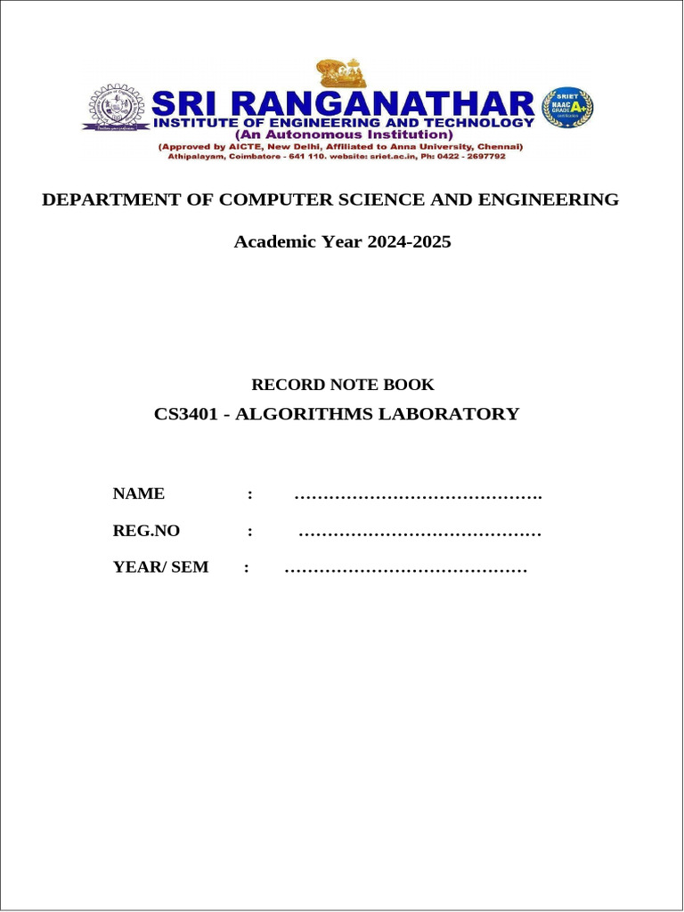 CS3401 Algorithms Laboratory Record | PDF | Graph Theory | Applied ...