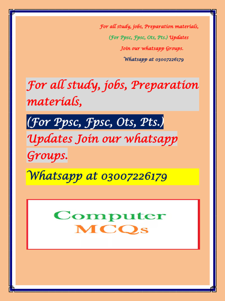 Computer Solved MCQs For PPSC FPSC PTS CSS NTS Other Jobs Exams | PDF ...