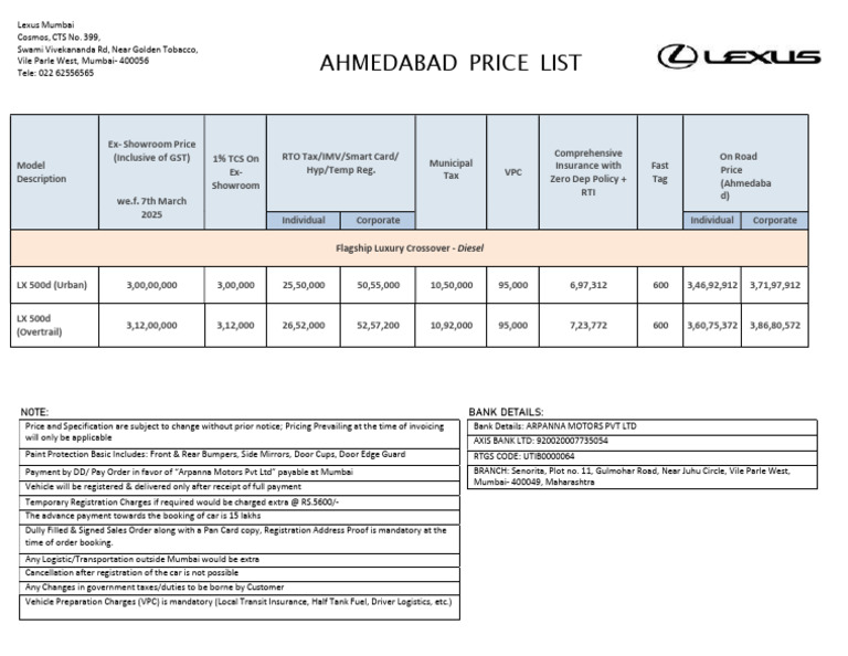 Lexus Vehicle Pricing and Booking Details | PDF | Motor Vehicle | Vehicles