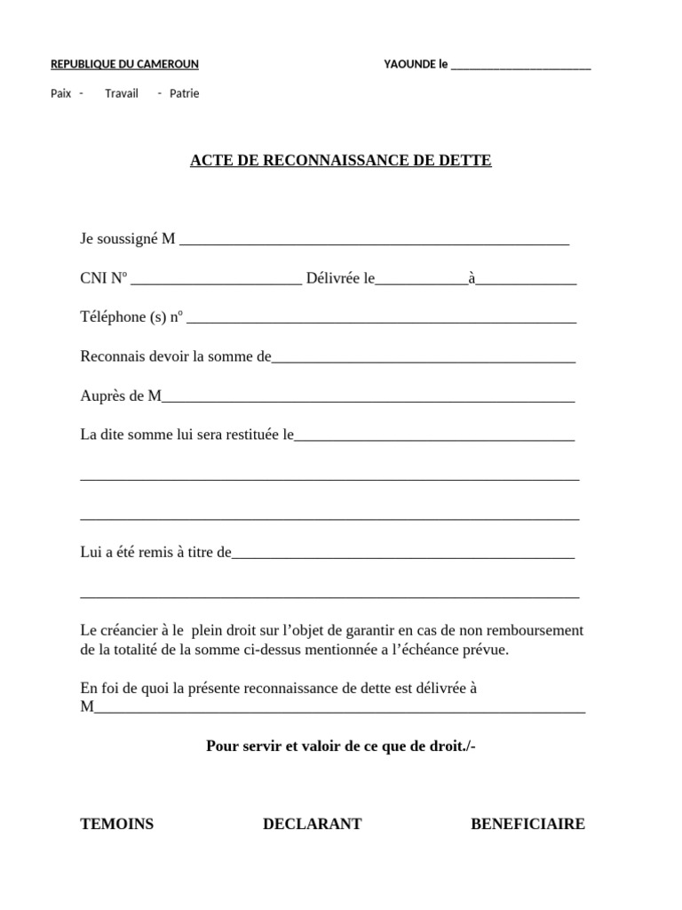 Modèle d'acte de reconnaissance de dette | PDF