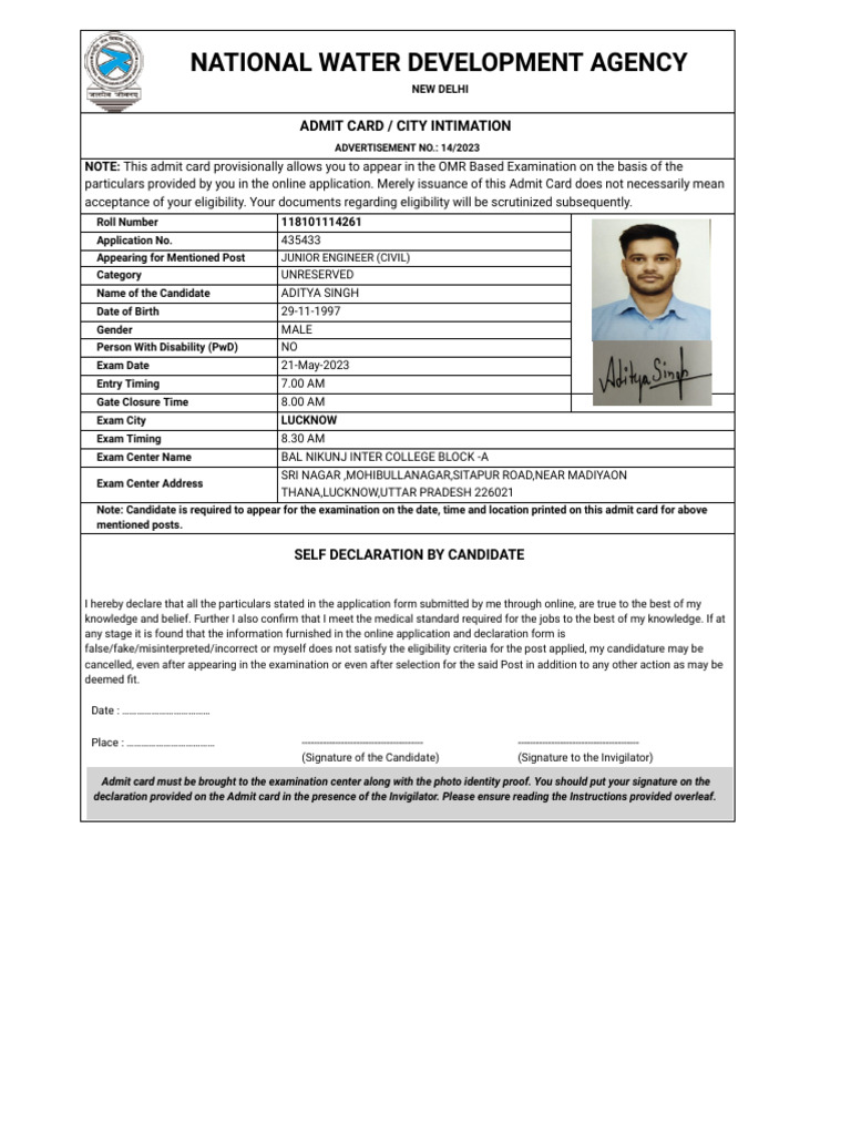 Admit Card for Junior Engineer Exam | PDF