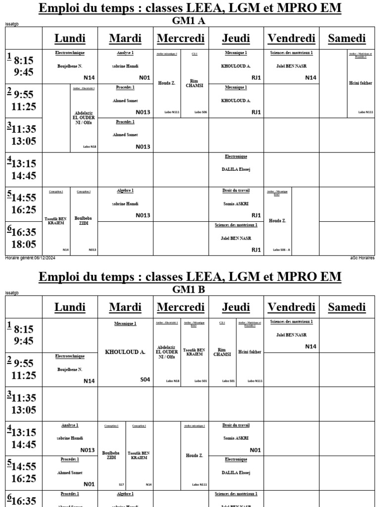 Emploi du temps classes LEEA, LGM, MPRO | PDF | Physique appliquée et ...