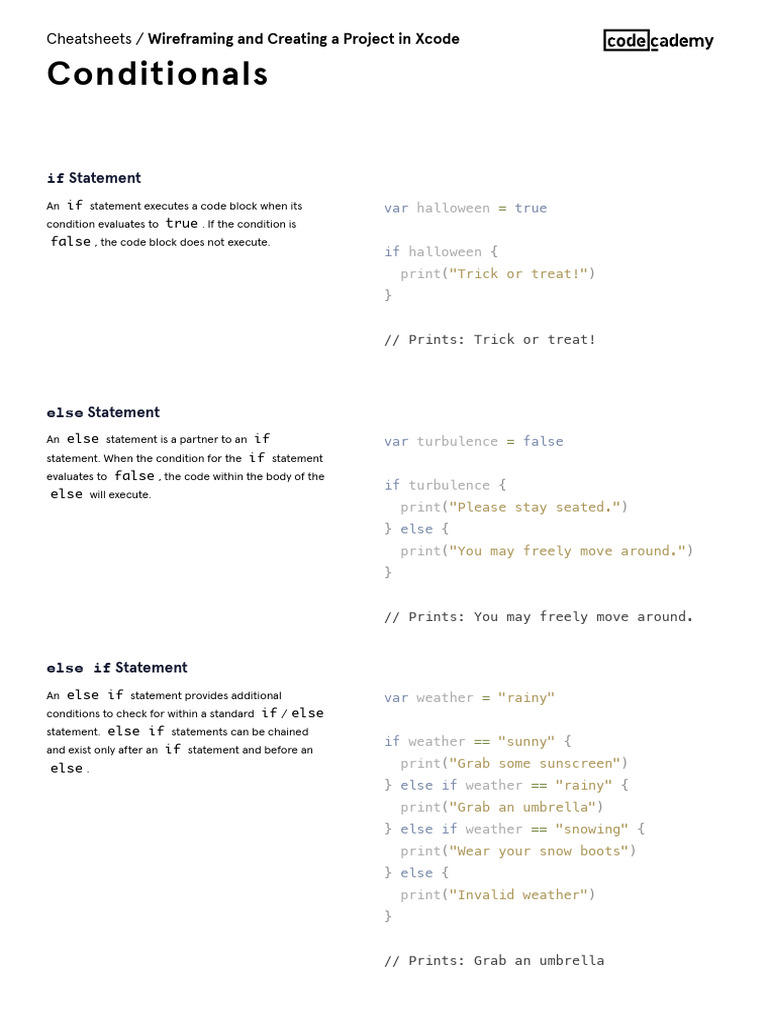 Wireframing and Creating a Project in Xcode_ Conditionals Cheatsheet ...