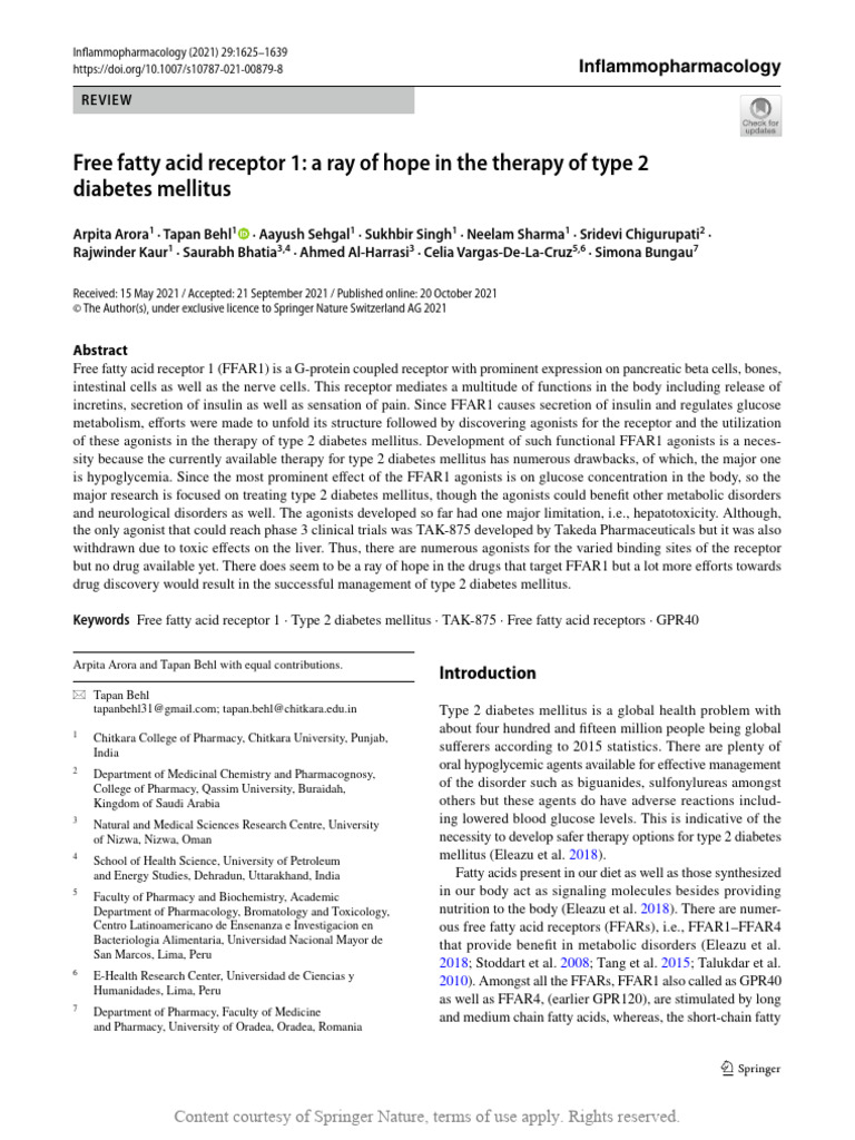 Free Fatty Acid Receptor 1 a Ray of Hope in the Th | PDF | Insulin ...