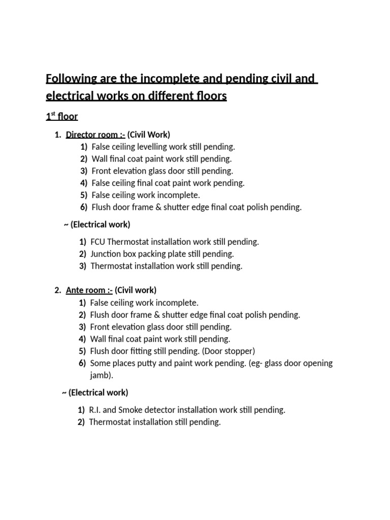 Following Are The Incomplete and Pending Civil and Electrical Works On ...