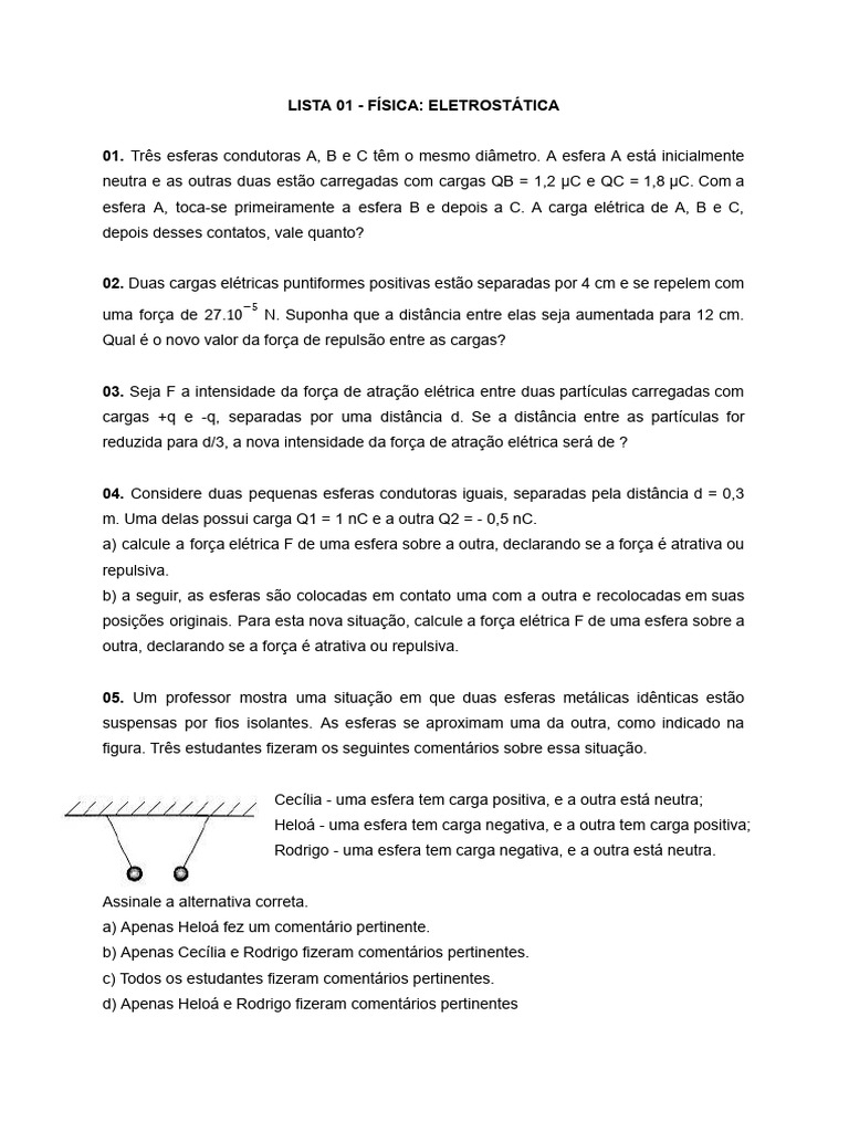 Exercícios de Eletrostática para Estudantes | PDF | Campo elétrico ...
