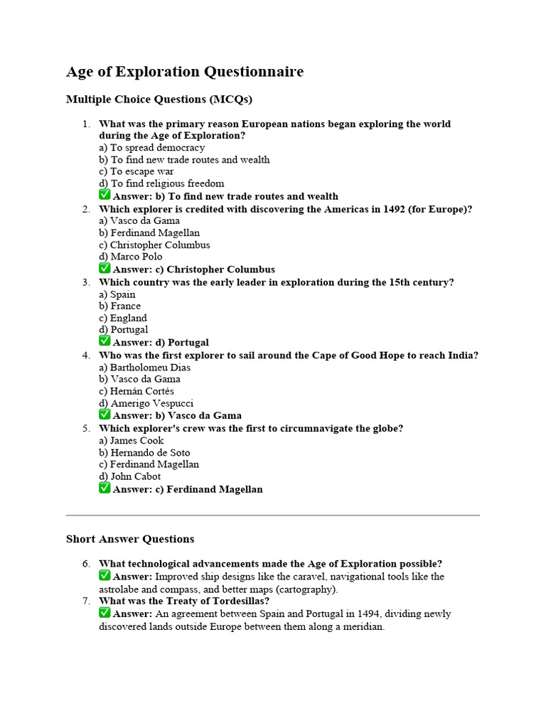 Age of Exploration Questionnaire | PDF | Age Of Discovery