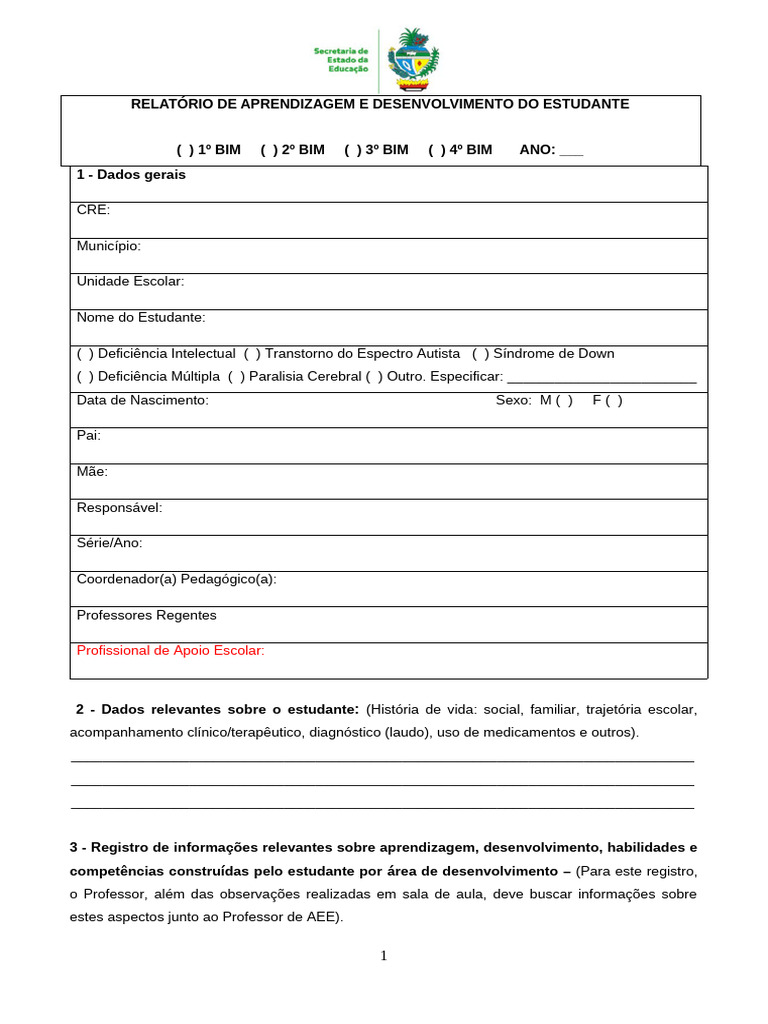 Relatório Bimestral: Aluno com Síndrome de Down | PDF | Pedagogia ...