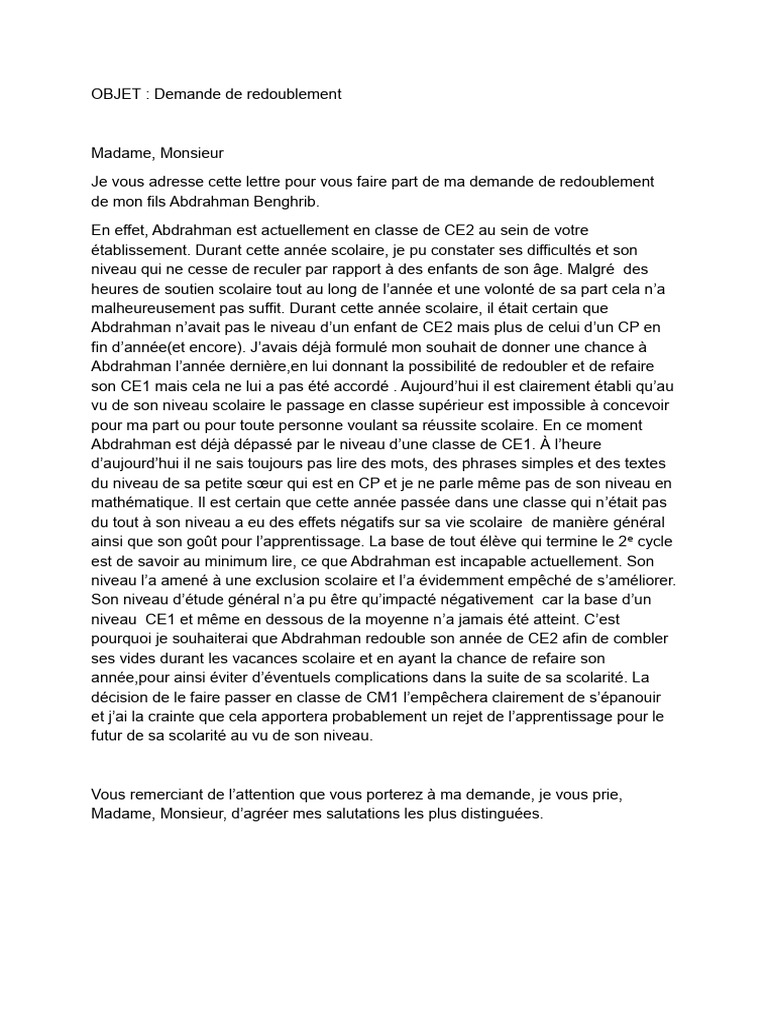 Demande de redoublement pour Abdrahman | PDF