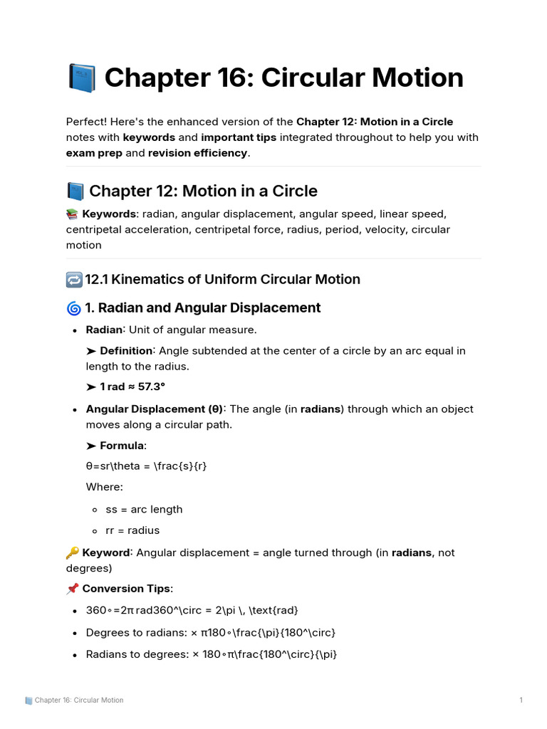 Cie A Level Physics 16 Circular Motion Pdf Acceleration Angle